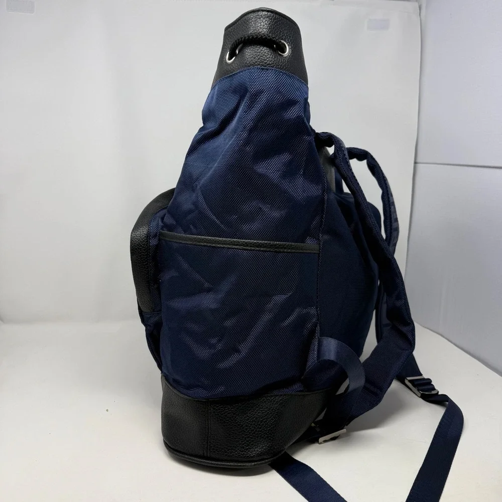 Versace Parfums Navy Blue Nylon Backpack Tote Bag Greca Straps Black Trim